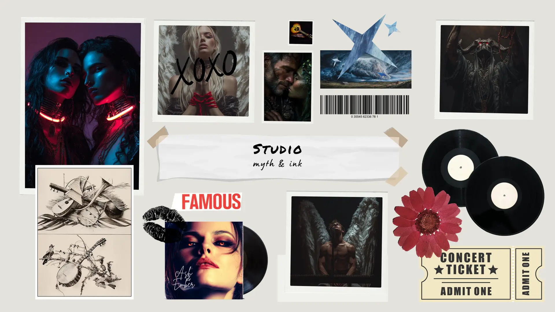 Myth & Ink Creative Collective - collage featuring music artists Ash & Ember, Broken Bard Co., Fang-Bearer, Elandor, Rosamiel, and Sinnaruk